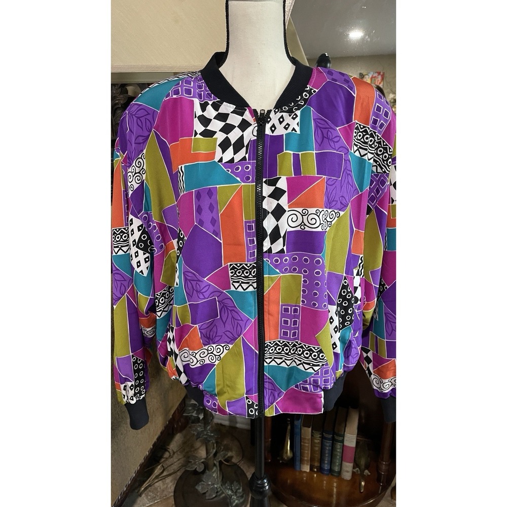 Vintage 90s Notations Colorful Collaged Full Zip Women's Bomber Jacket‎ Size 1X